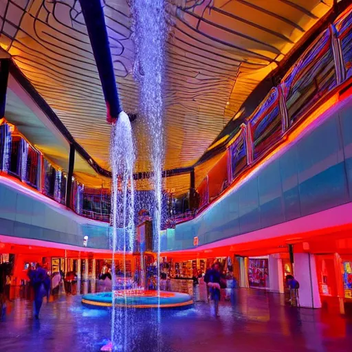 Image similar to A vast 80s shopping mall interior with an enormous water feature, water fountain, water falls, photo taken at night, neon pillars, large crowd, red brick