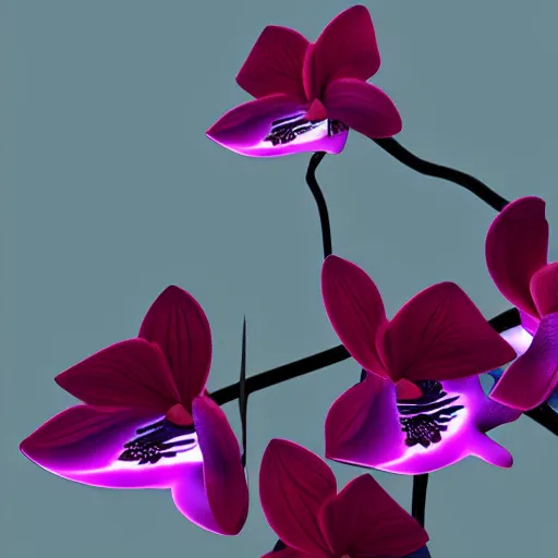 Prompt: an orchid flower, made of metal, cybertronic, reflective, glowing, unreal engine