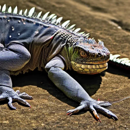 Prompt: a humongous iguana LAYING laying laying on earth outside space