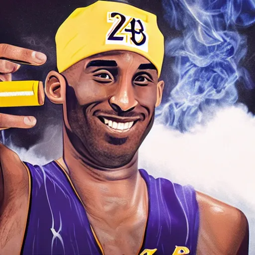 Image similar to selfie of kobe bryant holding a giant cigarette in a helicopter filled with smoke, 8k resolution, hyper detailed