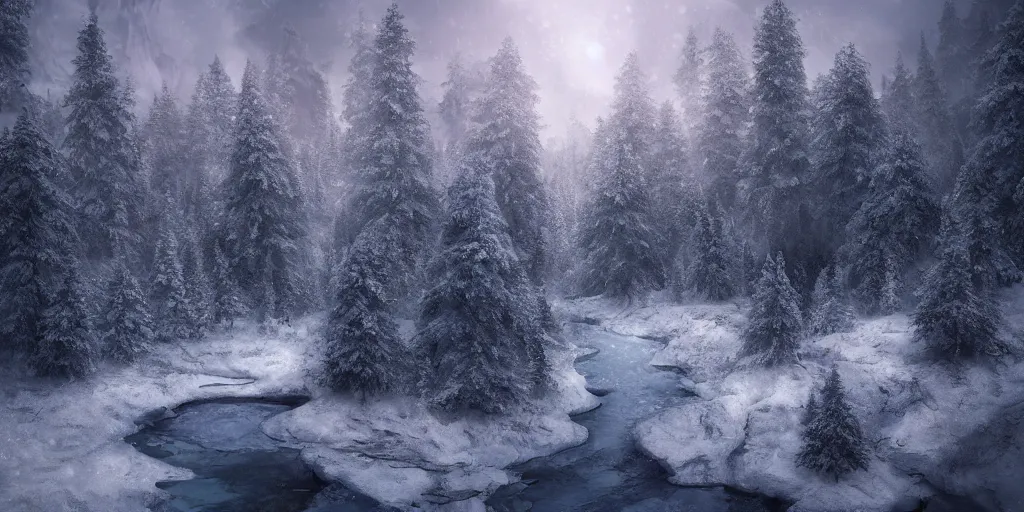 Image similar to landscape portrait f a mile high ice wall, dividing a wintery forest, fantasy, digital art, trending on artstation