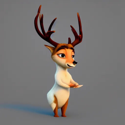 Image similar to portrait, 3 d render, tall slightly fat, anthropomorphic female deer, wearing along white dress, in the style of zootopia,