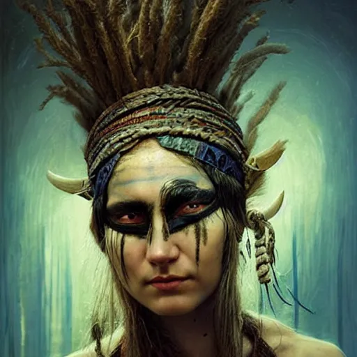 Image similar to A young blindfolded shaman woman with a decorated headband, in the style of heilung, blue hair dreadlocks and wood on her head, atmospheric lighting, intricate detail, cgsociety, ambient light, dynamic lighting, art by karol bak