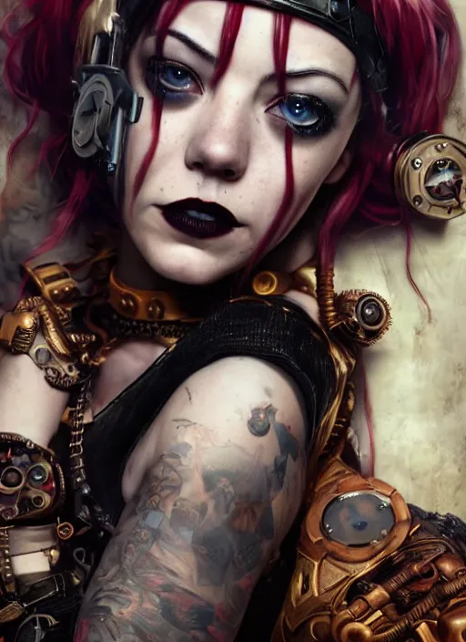 Image similar to steampunk goth autumn portrait of emma stone as harley quinn, hyper detailed, digital art, cinematic lighting, studio quality, smooth render, unreal engine 5, octane rendered, art style by klimt and nixeu and ian sprigger and krenz cushart.