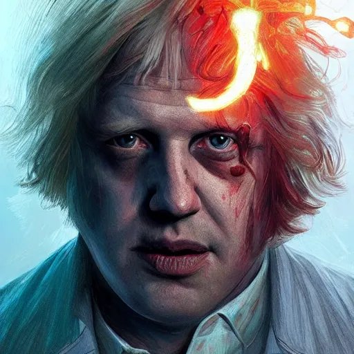 Image similar to portrait of Boris Johnson as a Stranger Things villain, sinister, intricate, headshot, highly detailed, digital painting, artstation, concept art, sharp focus, illustration, art by artgerm and greg rutkowski and alphonse mucha