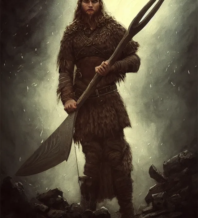 Prompt: a symmetrical matte portrait of a young viking boy with a huge axe, cinematic atmospheric lighting, dark, atmospheric, brooding, painted, intricate, ultra - detailed by dave dorman, vibrant colors by anato finnstark. well composed, best on artstation, cgsociety, epic, stunning, gorgeous, intricate details, wow, masterpiece