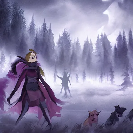 Image similar to of eurielle in a epic cinematic scene surrounded by wolves digital art in the style of greg retowski