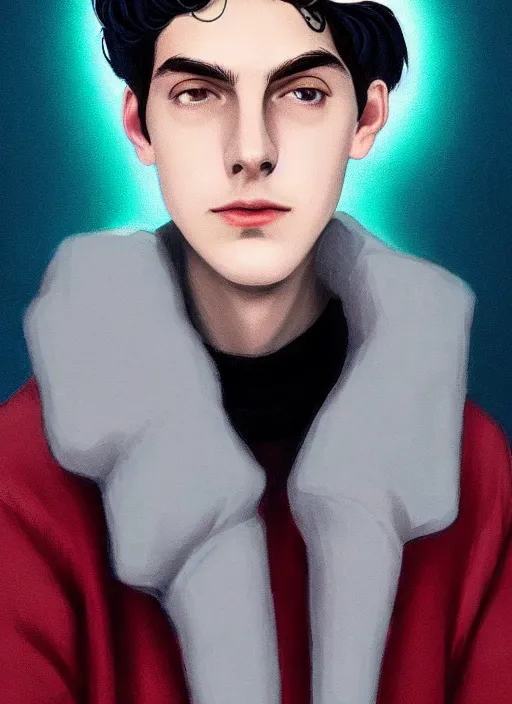 Image similar to portrait of teenage jughead jones wearing a light grey crown, crown, blue turtleneck, 1 9 5 0 s, closed eyes, photorealistic, black hair, glowing lighting, intricate, elegant, glowing lights, highly detailed, digital painting, artstation, concept art, smooth, sharp focus, illustration, art by wlop, mars ravelo and greg rutkowski