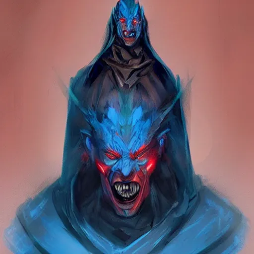 Image similar to A character study of an evil sorcerer with blue energy glowing from his hands, he has a red hat, concept art by Guillaume Menuel, character design, high detail, fantasy art