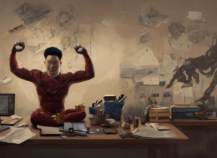 Image similar to an insanely detailed painting of an asian man wearing a homemade superhero costume, sitting at a desk, staring seriously at the computer and typing, in the style of peter mohrbacher, james jean, ruan jia, dramatic lighting and composition, surreal background, octane render, pixar, trending on artstation, concept art, comic book, view from behind, 8 k