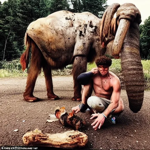 Image similar to “color photo of a Neanderthal with no cloth man taking an iPhone photo of a rusted big mammoth on the grill, National Geographic , anthropology photo”