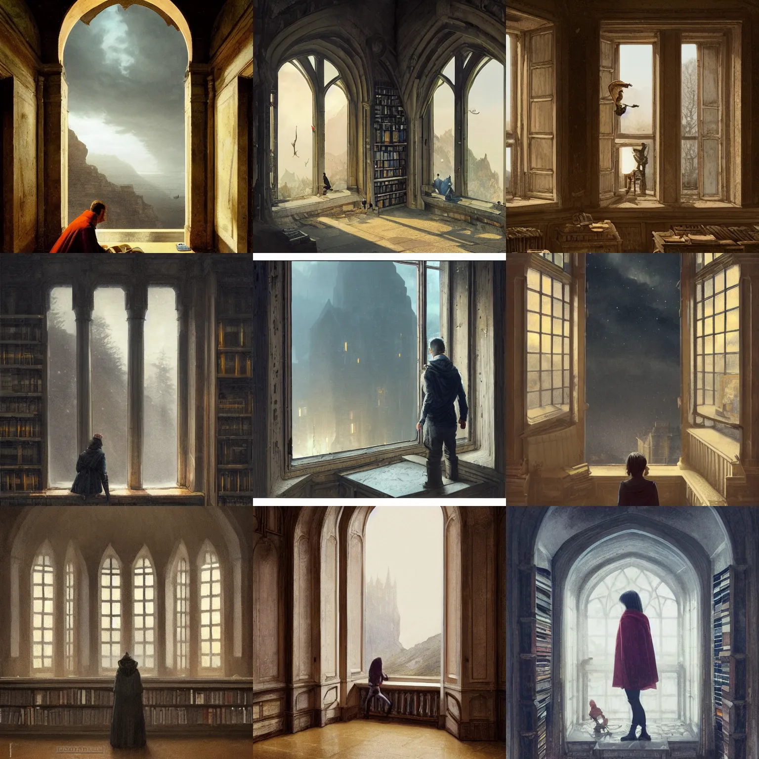 Prompt: figure looking through a wide window, castle library, big hall, cold colours, dusk, nightfall, lonely, cliff side landscape, photorealistic by michael komarck, greg rutkowski, victo ngai, artgerm, willem claesz heda