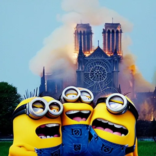 Image similar to “minions laughing as the Notre dame burns behind them”