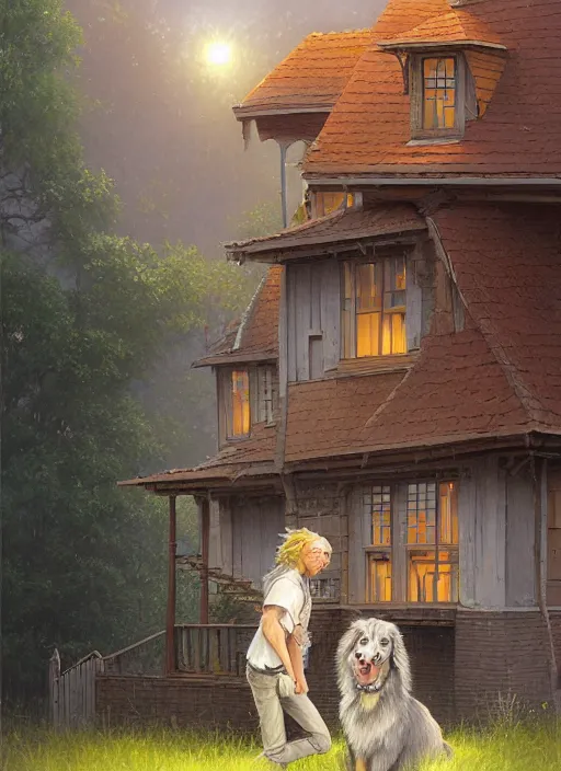 Image similar to highly detailed portrait of a blonde long - haired hillbilly in front of old style house, with his fluffy light gray australian shepherd, stephen bliss, art by greg rutkowski, loish, rhads, ferdinand knab, makoto shinkai and lois van baarle, artgerm, pixar, ilya kuvshinov, rossdraws, tom bagshaw, global illumination