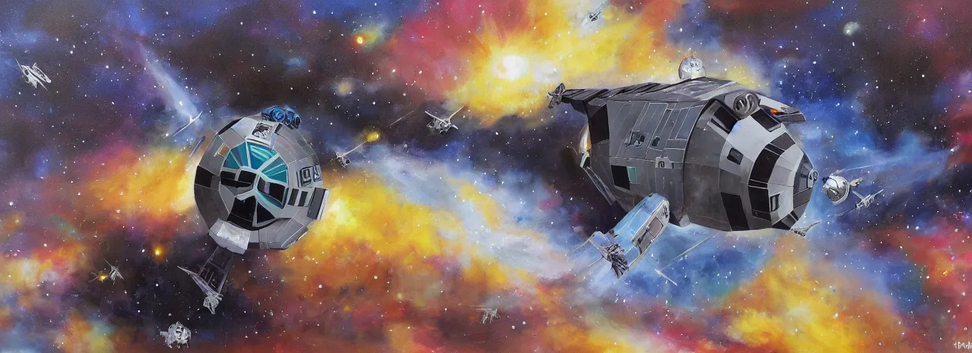 Image similar to thomas the tank engine tie fighter, space, sci fi painting