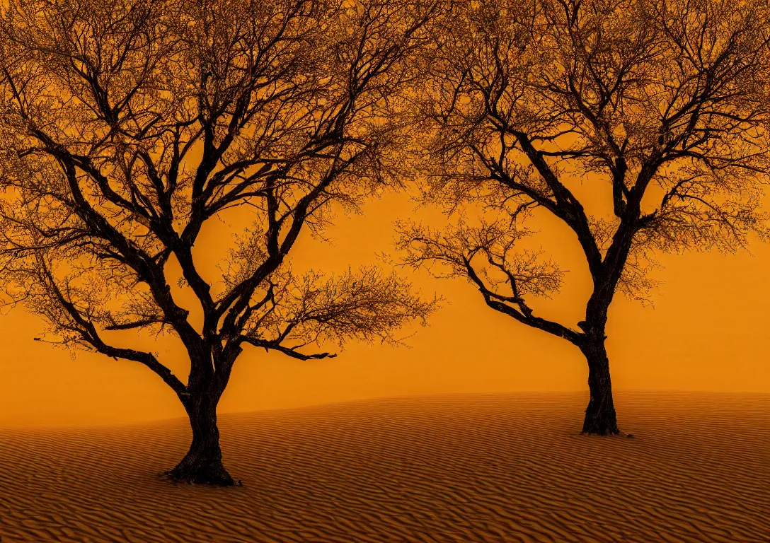 Image similar to a lonely golden tree in a dark desert, sand, gold, bright light, detailed photography, dennis velleneuve, vivid colors, ultra realistic, 8 k, photography