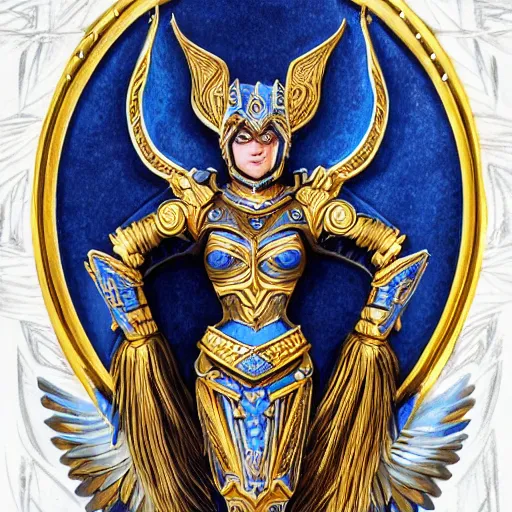 Image similar to art deco portrait valkyrie, blue and gold ornate armor, highly detailed, intricate detail, art station,