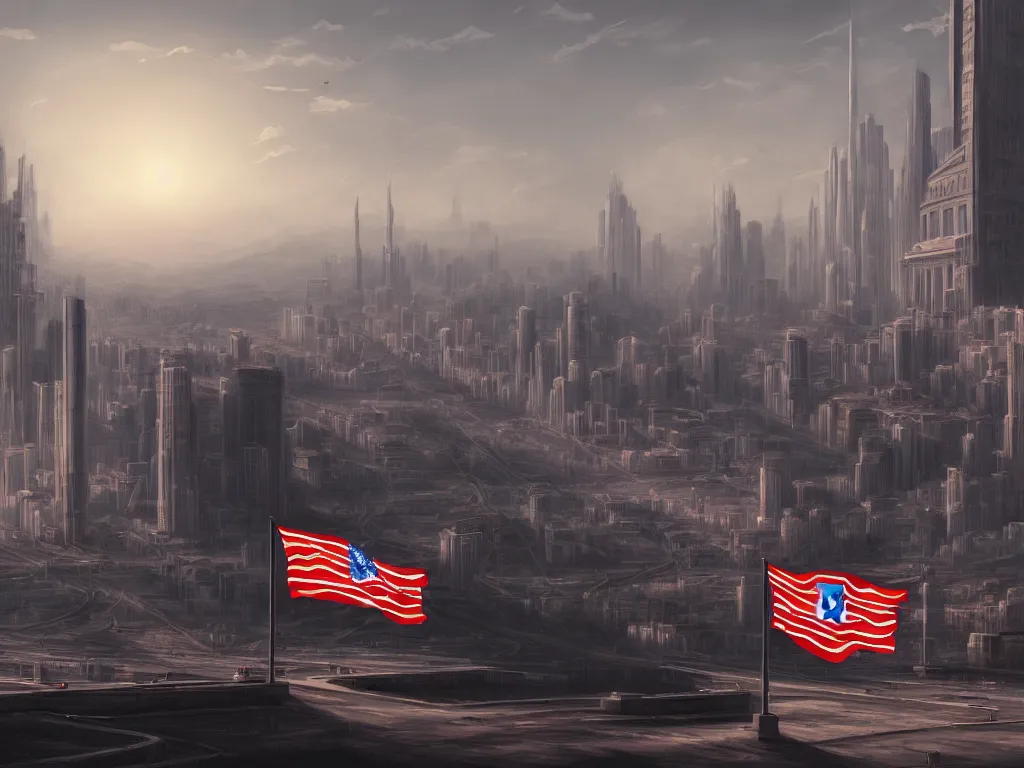 Prompt: landscape matte painting of a communist american state megastructure after the triumph of communism in america, socialist american state flag, socialist statues, digital painting, modern city scape, awe, bright future, hope, highly detailed, 4 k, artstation, photorealistic, architecture, america 2 0 9 8 by fan wennan