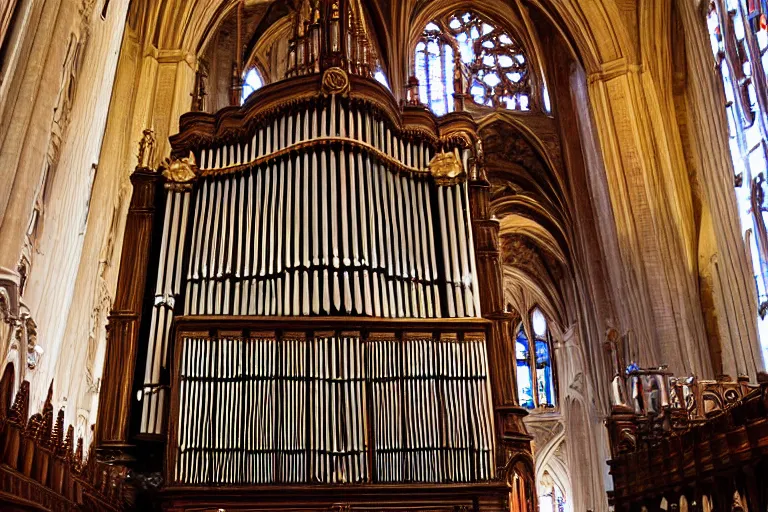 Prompt: photo of a majestic ornate pipe organ inside a cathedral