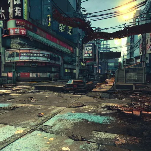 Image similar to Kabukicho, Tokyo in ruins post-nuclear war in Fallout 4, in game screenshot