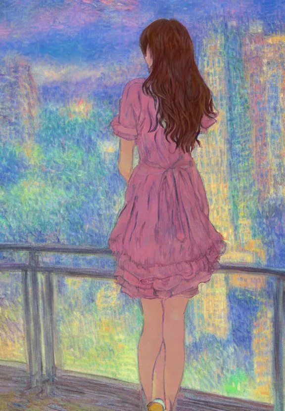 Image similar to wide angle portrait of a teenage girl, a thrifty outfit, very anime in impressionist style, city background, anime trending artwork, anime painter studio, by claude monet