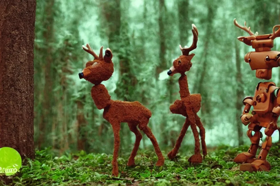 Image similar to a breathtaking claymation film still of a deer and a robot in the forest. claymation by bruce bickford