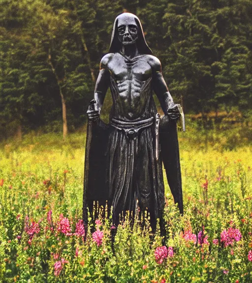 Image similar to mystical black death god figure statue in tall meadow of flowers, film photo, grainy, high detail, high resolution