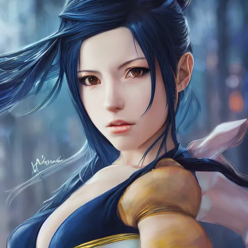 Image similar to tifa lockhart portrait, pale blue and gold kimono, art by artgerm, wlop, loish, ilya kuvshinov, 8 k realistic, hyperdetailed, beautiful lighting, detailed background, depth of field, symmetrical face, frostbite 3 engine, cryengine