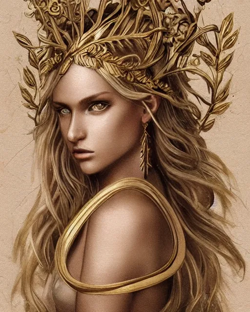 Image similar to tattoo design sketch of cute blonde super model as aphrodite greek goddess wearing a gold laurel wreath and triangle earrings, beautiful piercing gaze with sharp pupils, in the style of greg rutkowski, fantasy, amazing detail, epic, elegant, smooth, sharp focus, front view