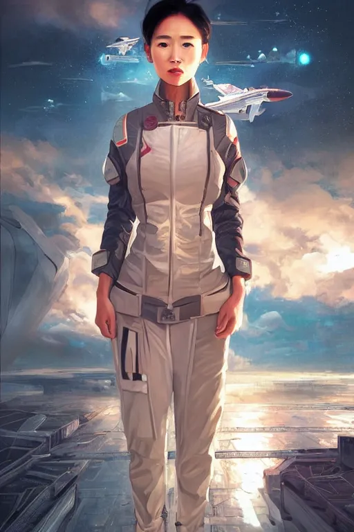 Image similar to portrait futuristic asian airforce girl, looking at the camera, expressive pose, symmetrical face, in future airport rooftop , sci-fi, fantasy, intricate, very very beautiful, elegant, human anatomy, neon light, highly detailed, digital painting, artstation, concept art, smooth, sharp focus, illustration, art by tian zi and WLOP and alphonse mucha