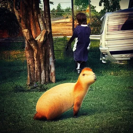 Image similar to photo taken on a bad camera of a capybara dressed as a kid looking bad and with envy at the camera