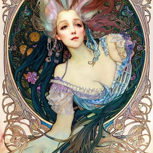 Prompt: realistic detailed face portrait of Mermaid Marie Antoinette with colorful lionfish fins in her hair by Alphonse Mucha, Ayami Kojima, Amano, Charlie Bowater, Karol Bak, Greg Hildebrandt, Jean Delville, and Mark Brooks, Art Nouveau, Neo-Gothic, gothic, rich deep moody colors