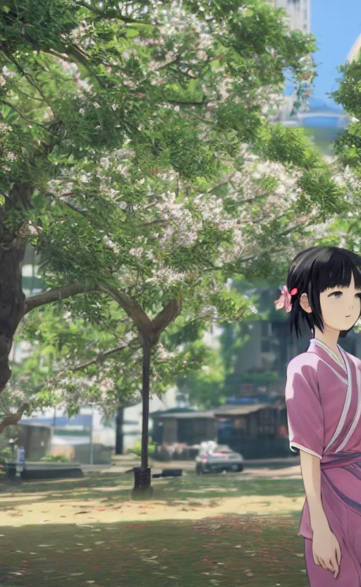 Image similar to anime style, gta 5, panoramic view of girl, yukata clothing, sakura tree in background, short hair, hair down, symmetrical facial features, from arknights, hyper realistic, extreme detail, volumetric lights, 4 k drawing, safebooru, realistic lighting, by alphonse mucha, greg rutkowski, sharp focus, backlit