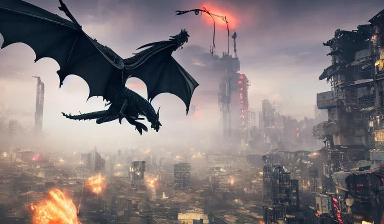 Image similar to dragon flying above a cyberpunk city in ruins, close shot, 8k, cinematic, epic, ultra detailed, award winning, trending on artstationHD, dramatic