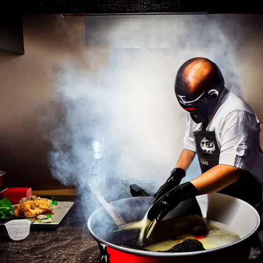 Prompt: darth vader frying chicken. DSLR photography.