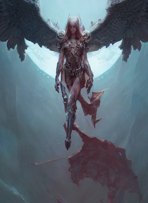 Image similar to fantasy half angel in heaven, half demon in hell, dim light, front game card, marvel comics, dark, intricate, highly detailed, smooth, artstation, digital illustration by ruan jia and mandy jurgens and artgerm and wayne barlowe and greg rutkowski and zdislav beksinski