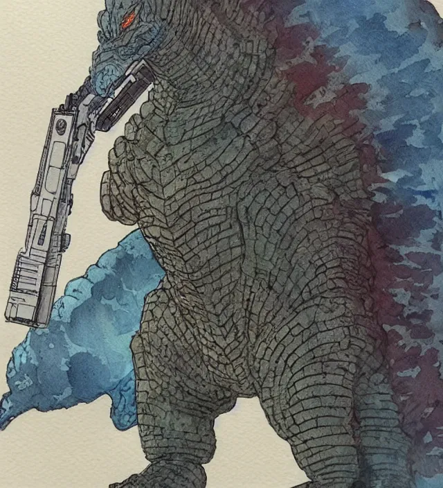 Prompt: a 3 / 4 view watercolor ink painting of godzilla with a glock in the style of jean giraud in the style of moebius trending on artstation deviantart pinterest detailed realistic hd 8 k high resolution