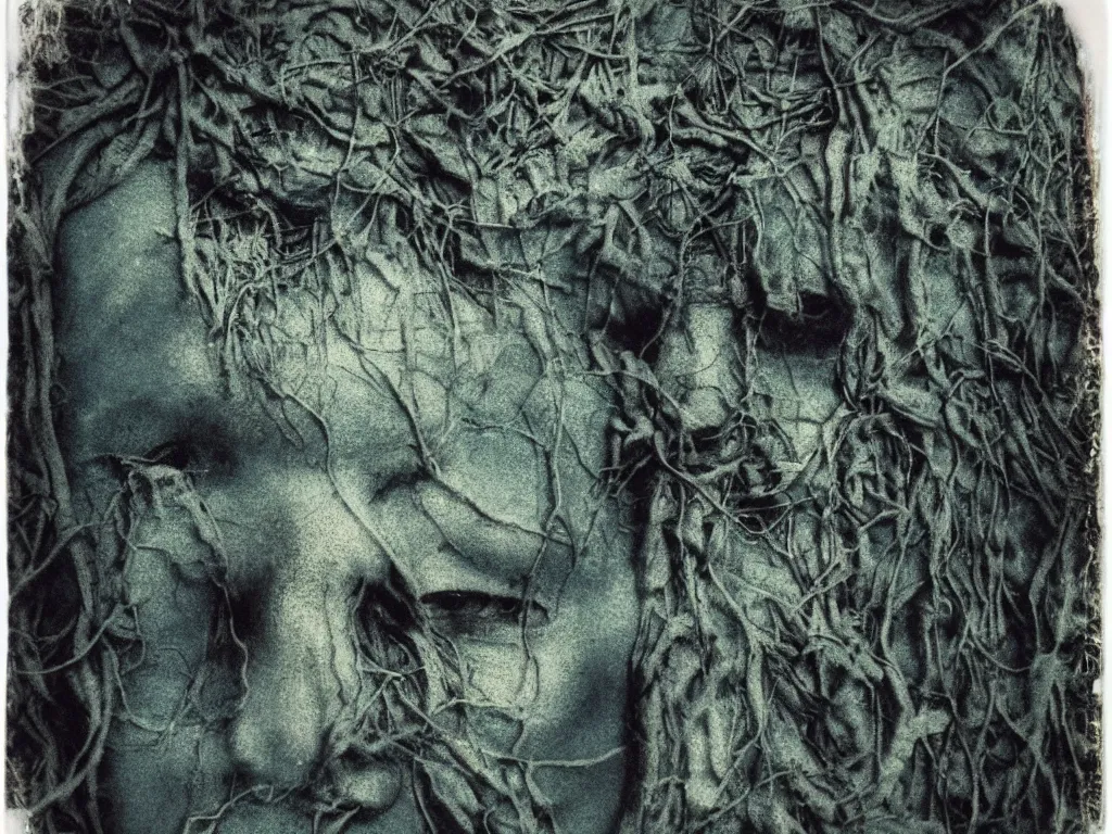 Prompt: medium shot, a human face made by blue vines in a dark cave, creepy, extreme detail, polaroid photo, vintage, neutral colors, by gregory crewdson