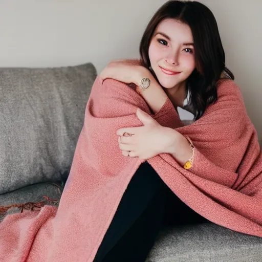 Image similar to photograph of a cute thin young woman, red blush, wearing casual clothes, small smile, relaxing on a couch, cuddling up under a blanket cozy living room, medium shot, 8 k, trending on instagram, photorealistic, trending on pinterest, portra 4 0 0