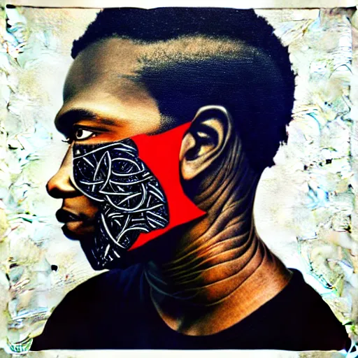 Image similar to a portrait of a black man with side profile blood in ocean intricate details :: side profile :: futuristic mask :: by vikings and Sandra Chevrier