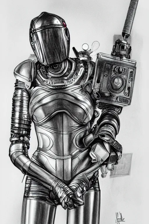 Image similar to pencil drawing, fantasy futurism, medieval female knight with cybernetic implants and modern devices