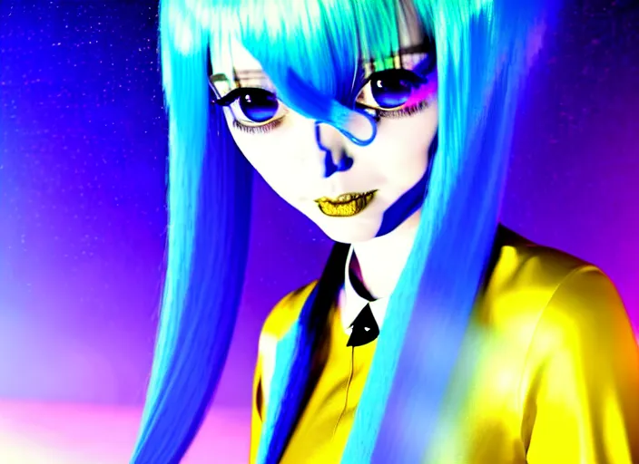 Prompt: a hologram of rimuru tempest, sky blue hair, golden yellow eyes, wearing black stylish clothing, holography, irridescent, baroque visual kei decora art pixiv 3 d render