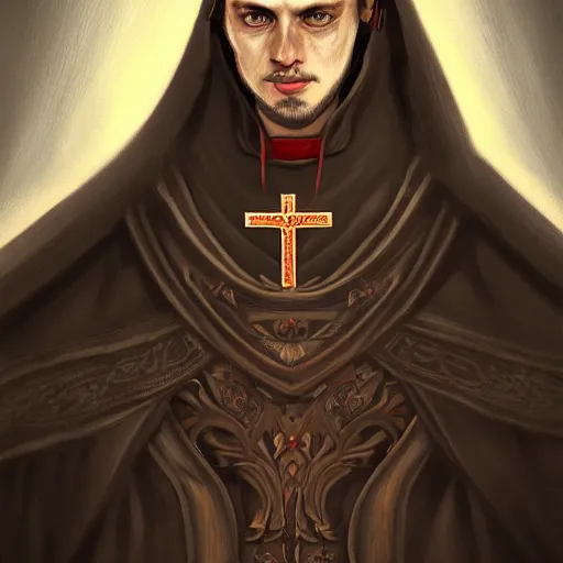 Image similar to portrait of a handsome Catholic priest with red eyes, dark, intricate details, highly detailed, concept art, digital painting, trending on artstation, award-winning. Art by Loran DeSore and Merwild