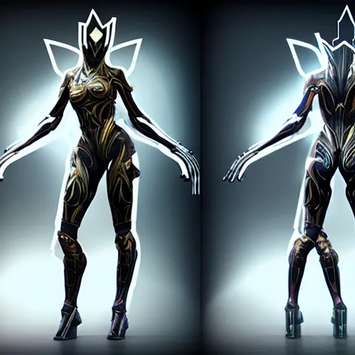 Image similar to female warframe made out of mirrors!!!!!!!!!!!!!, 8k resolution, high detail, ULTRA REALISTIC VFX, reflections, octane render