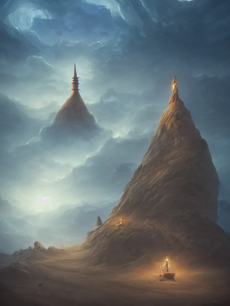 Image similar to tarot card of a tower in a dune sea by Peter Mohrbacher, fantasy, moody lighting, rocky cliffs