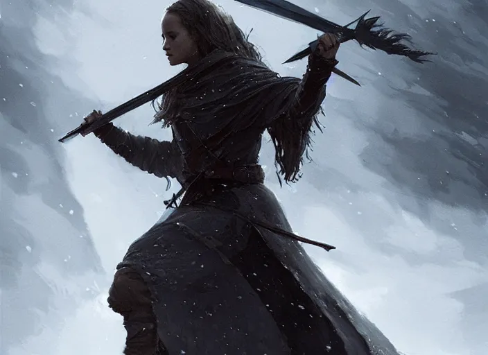 Prompt: Alicia Vikander as a knight fighting a Nazgul, fantasy battle in the style of Greg Rutkowski