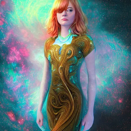 Prompt: emma stone as a cosmic fractal, hyper detailed, digital art, trending in artstation, cinematic lighting, studio quality, smooth render, unreal engine 5 rendered, octane rendered, art style by klimt and nixeu and ian sprigger and wlop and krenz cushart.