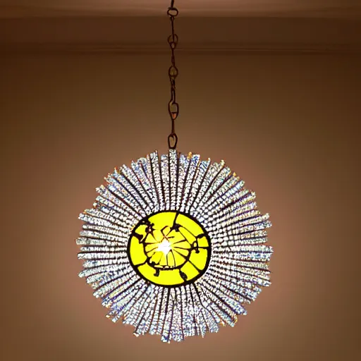 Image similar to chandelier in the shape of a sun with yellow accents designed by tiffany