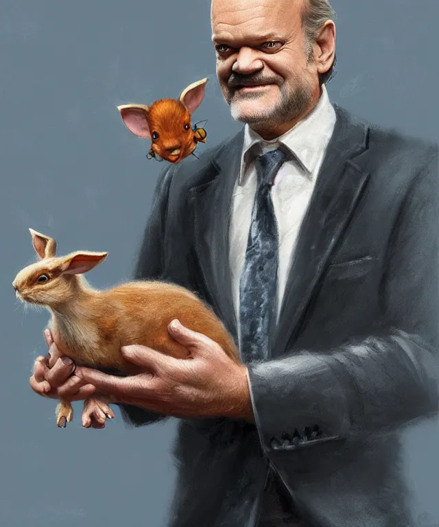 Prompt: kelsey grammer, cinematic, wearing a leisure suit, holding a rabbit, elegant, highly detailed, digital painting, artstation, smooth, hard focus, illustration, art by jessica rossier and and brian froud