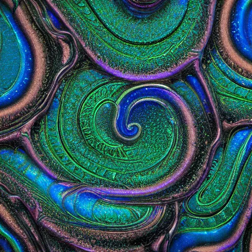 Image similar to Art Nouveau cresting oil slick waves, hyperdetailed bubbles in a shiny iridescent oil slick wave, black opals, ornate copper patina medieval ornament, rococo, oganic rippling spirals, octane render, 8k 3D